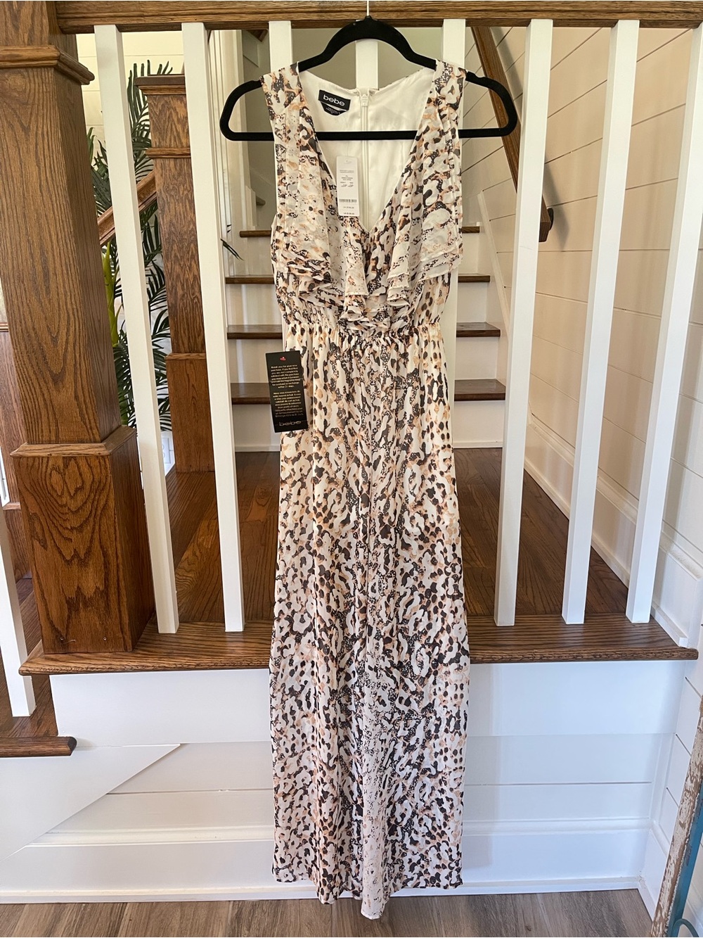 bebe Neutral Leopard Print Ruffle V-Neck Maxi Dress